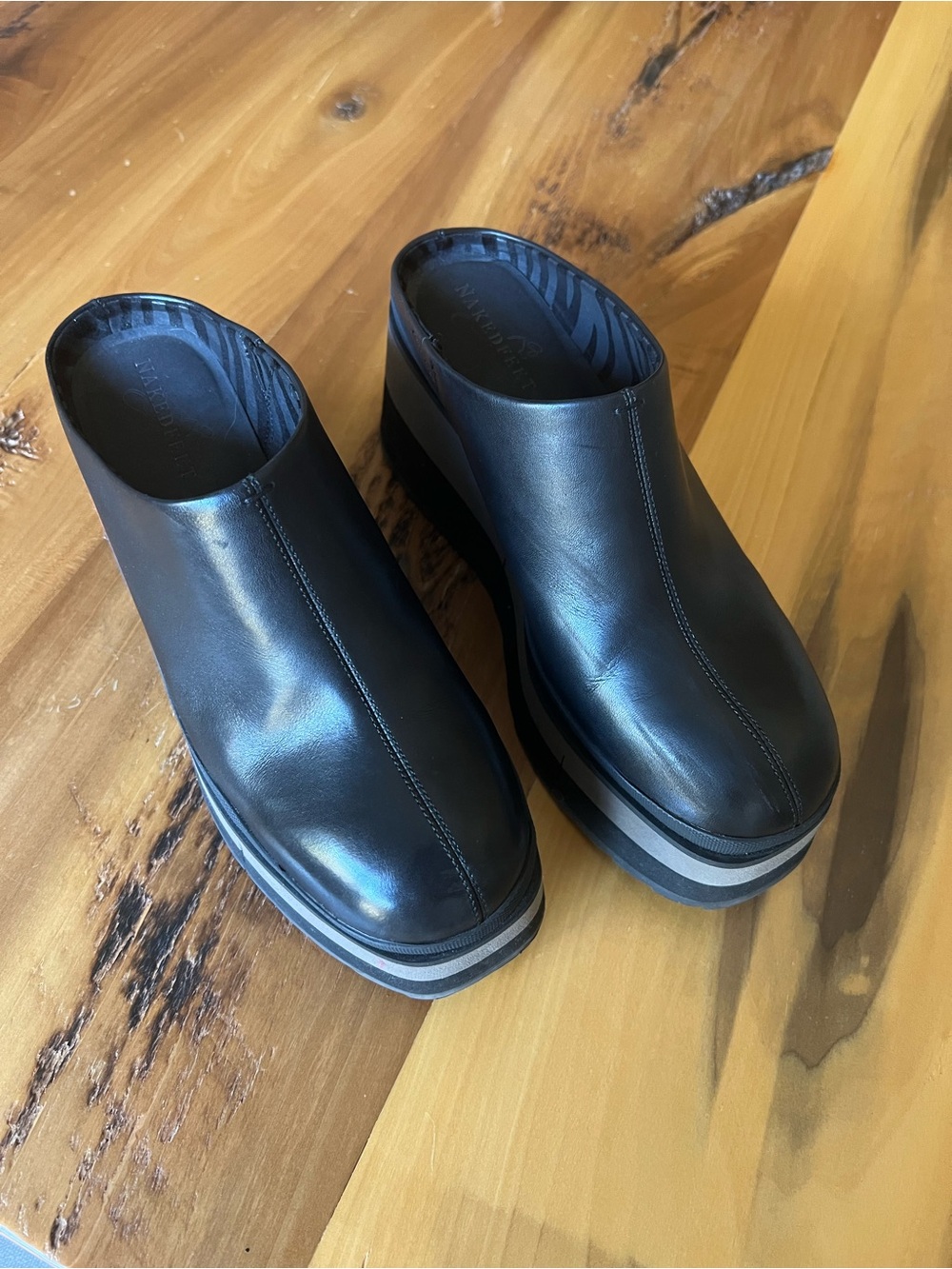 Naked Feet Men's Black Leather Platform Slip-On Clogs